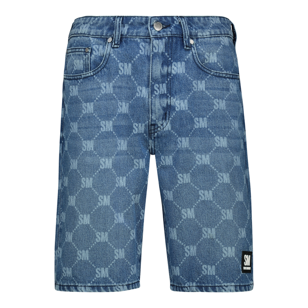 ALEX MID BLUE PRINTED DENIM SHORTS