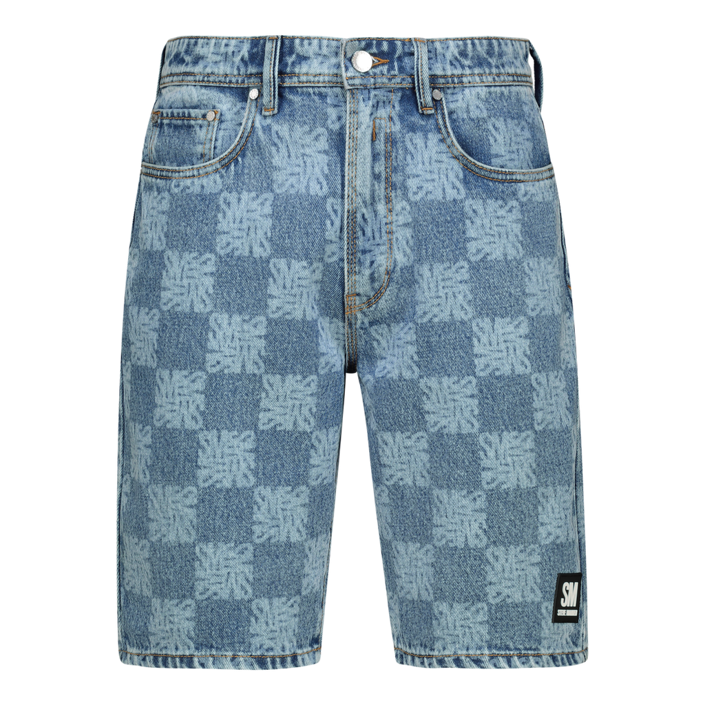 KNOX MID BLUE PRINTED DENIM SHORTS