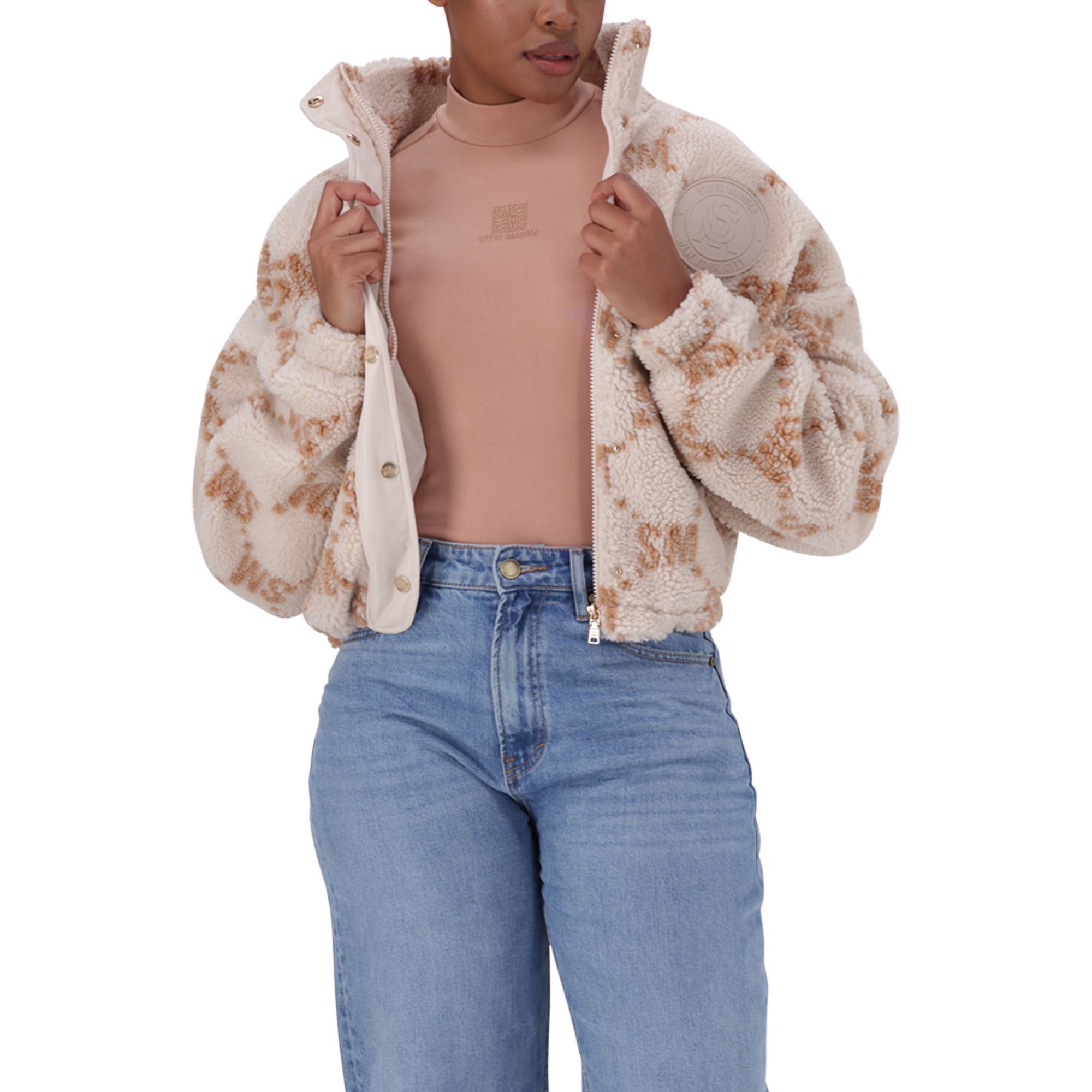 JOVIE NEUTRAL TEDDY FLEECE CROPPED BOMBER