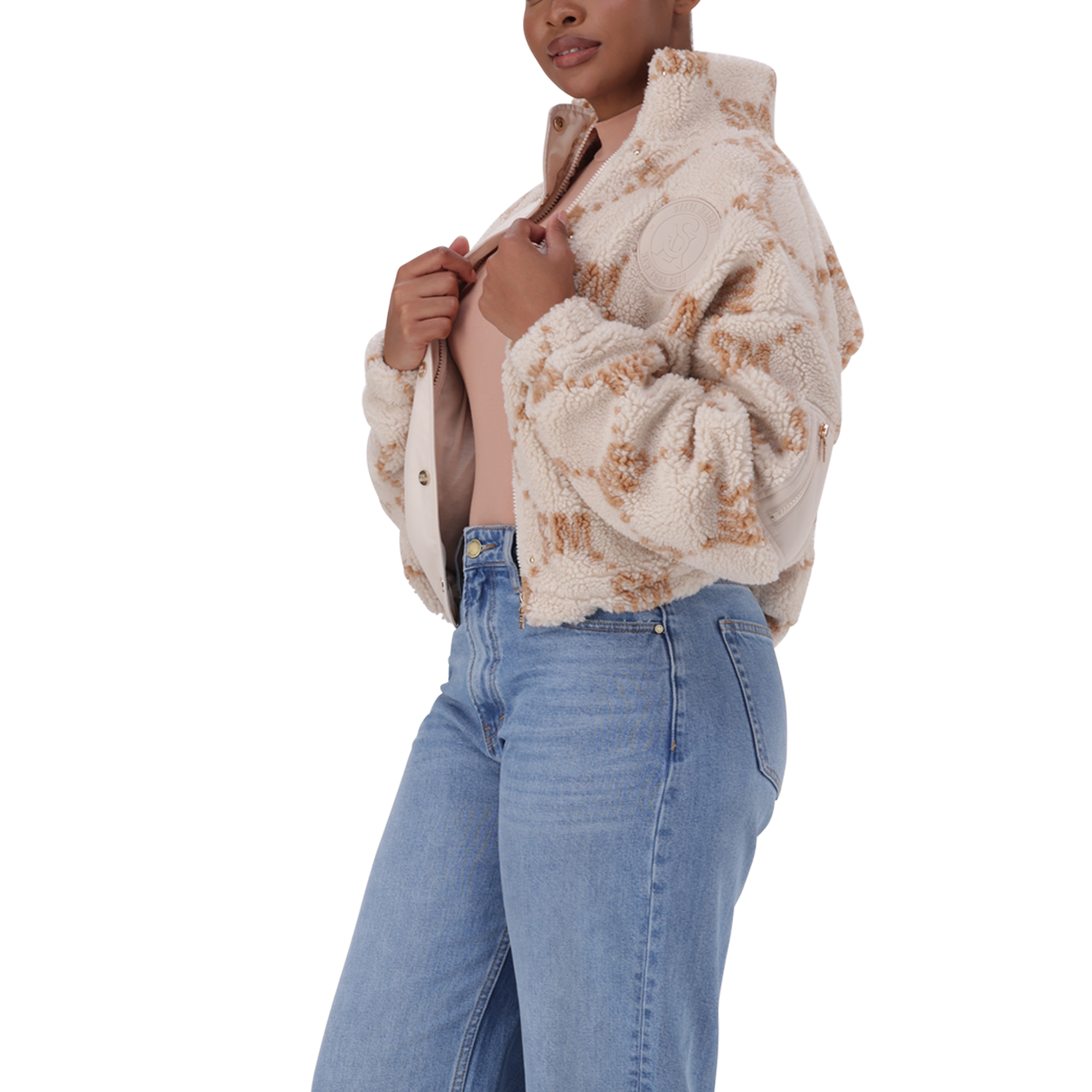 JOVIE NEUTRAL TEDDY FLEECE CROPPED BOMBER