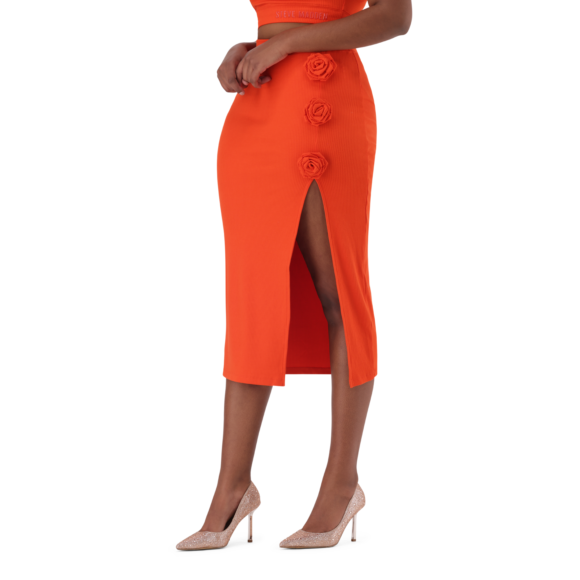SADIE TANGERINE BODYCON SKIRT WITH ROSE