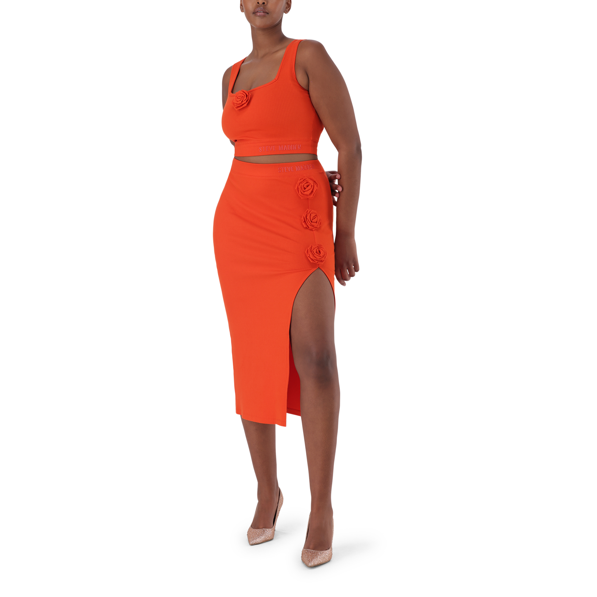 SADIE TANGERINE BODYCON SKIRT WITH ROSE