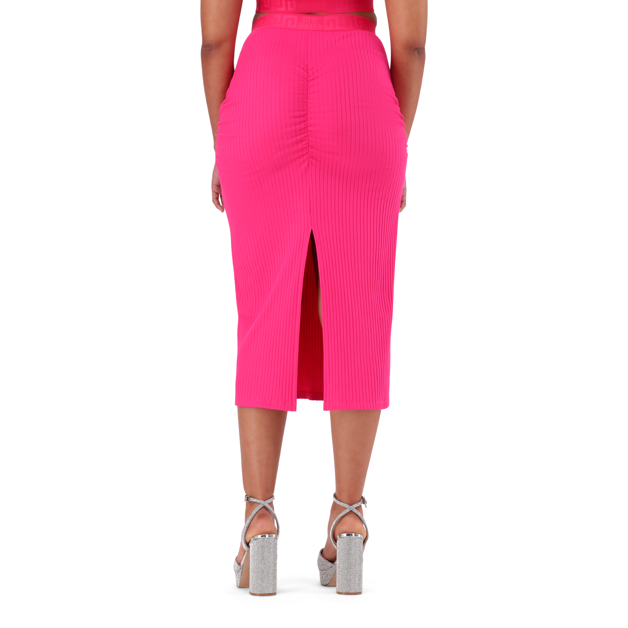 MACIE HOT PINK BODYCON MIDI SKIRT WITH GATHERS