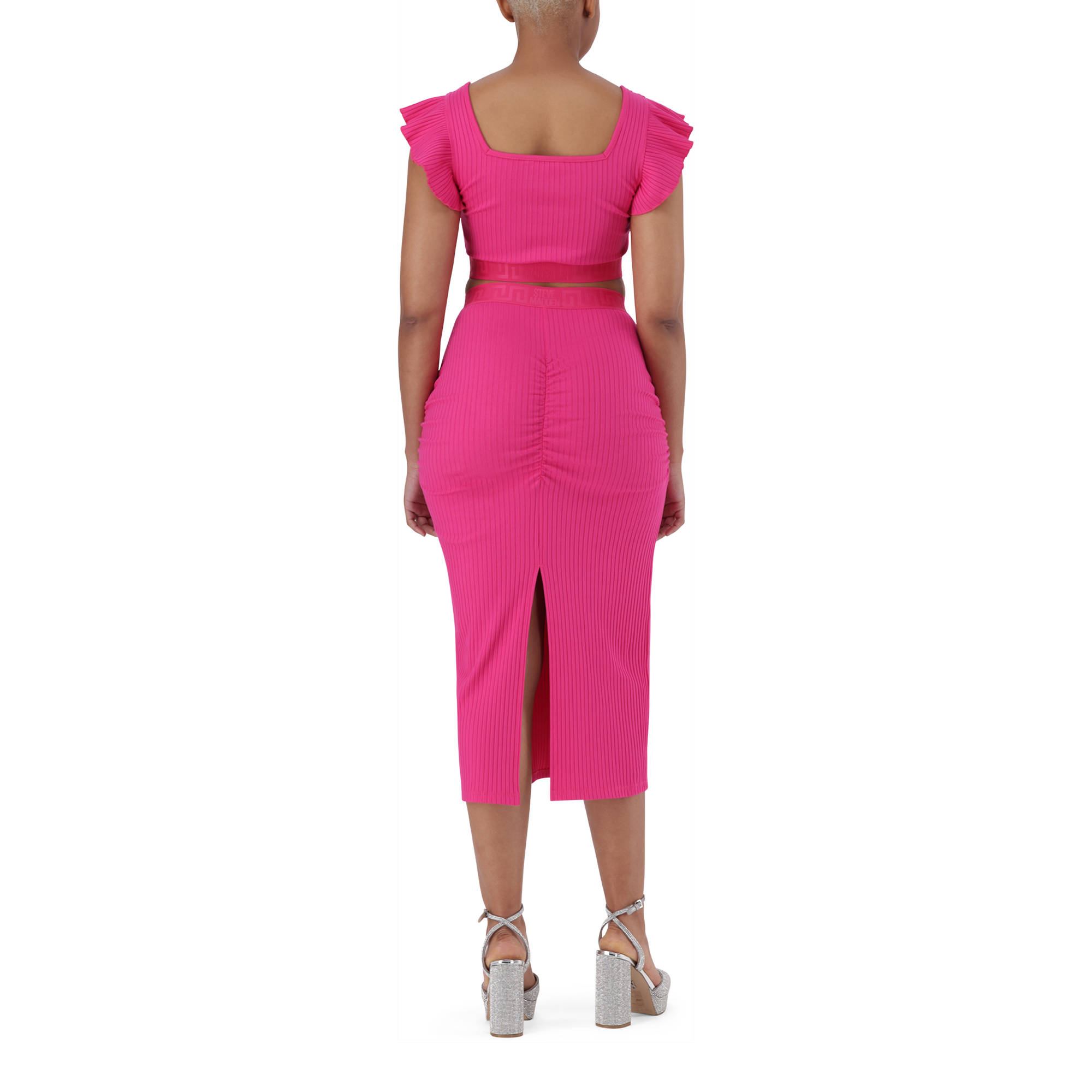MACIE HOT PINK BODYCON MIDI SKIRT WITH GATHERS