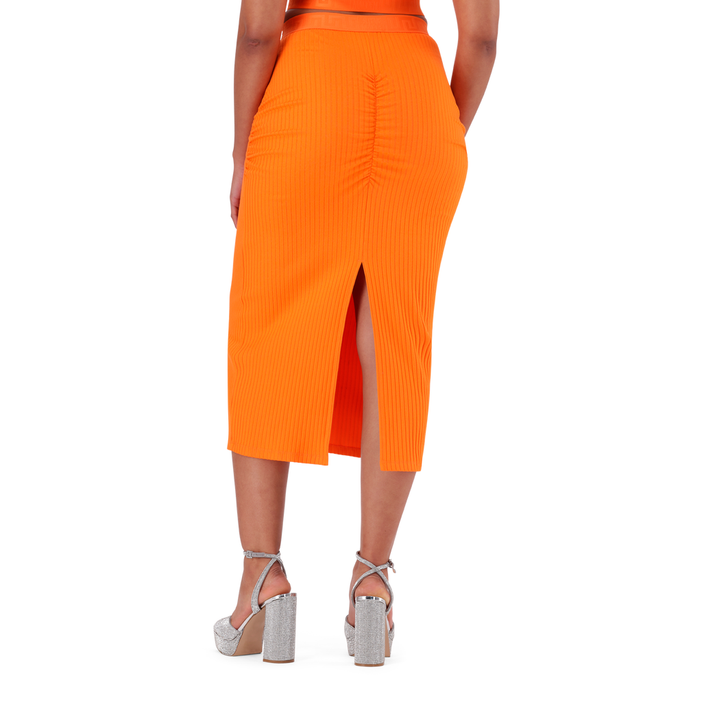 MACIE ORANGE BODYCON MIDI SKIRT WITH GATHERS