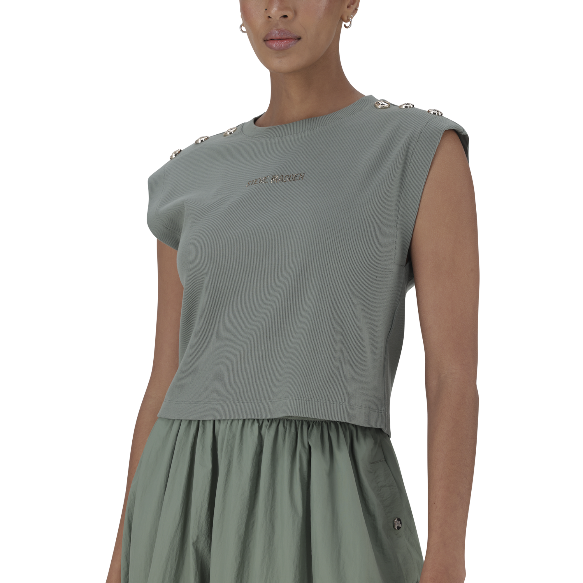 BRYNN FATIGUE CROPPED TOP WITH POPPERS
